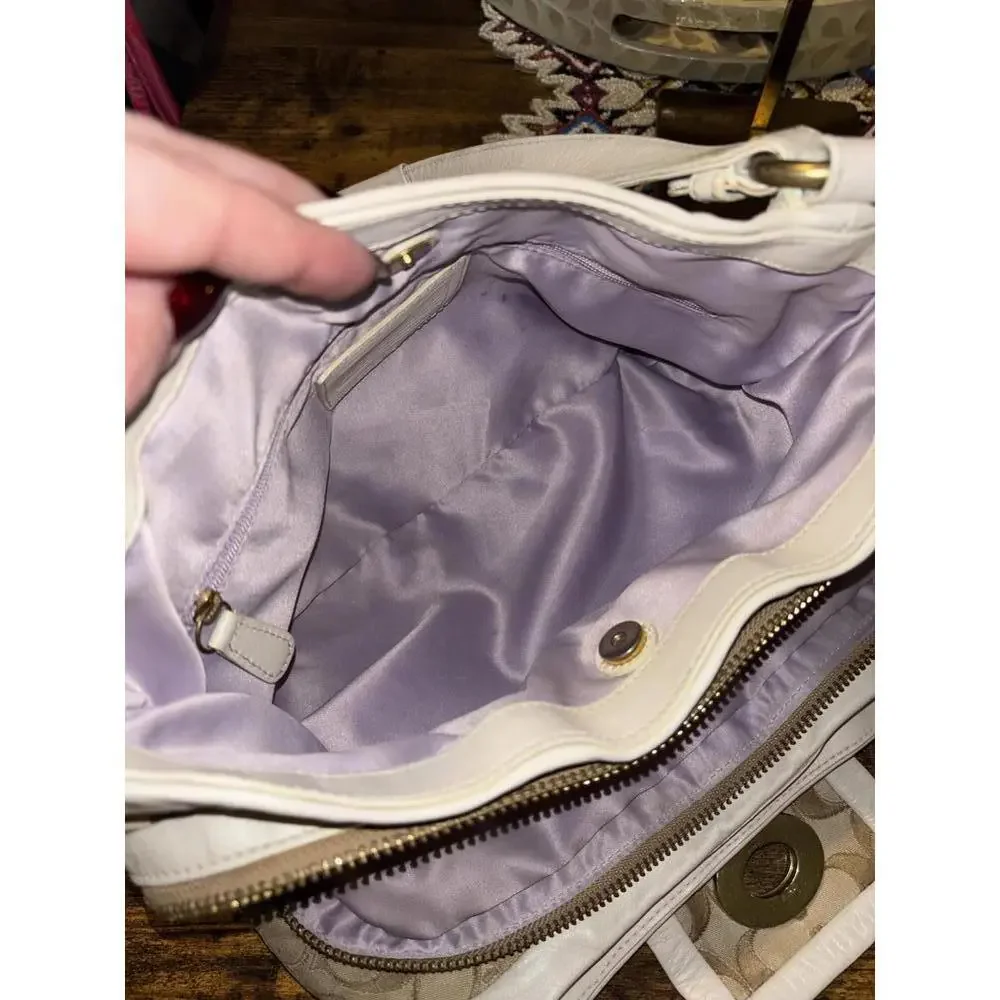 Coach Signature Jacquard Brass Trim Shoulder Bag White/Lavender - Picture 5 of 10